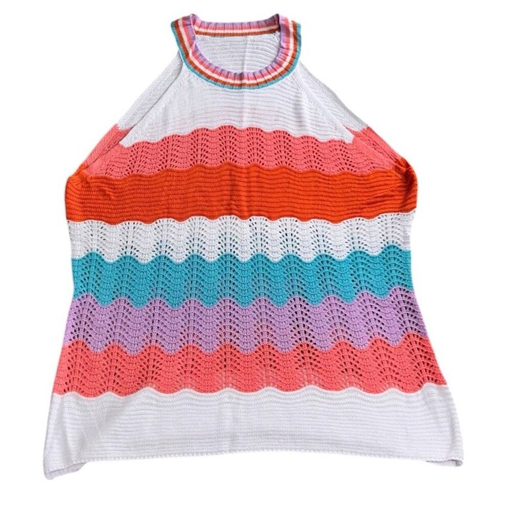 Sleeveless High Neck Sweater Top Sz XL Open Knit Colorful Crochet Blouse - Picture 7 of 7